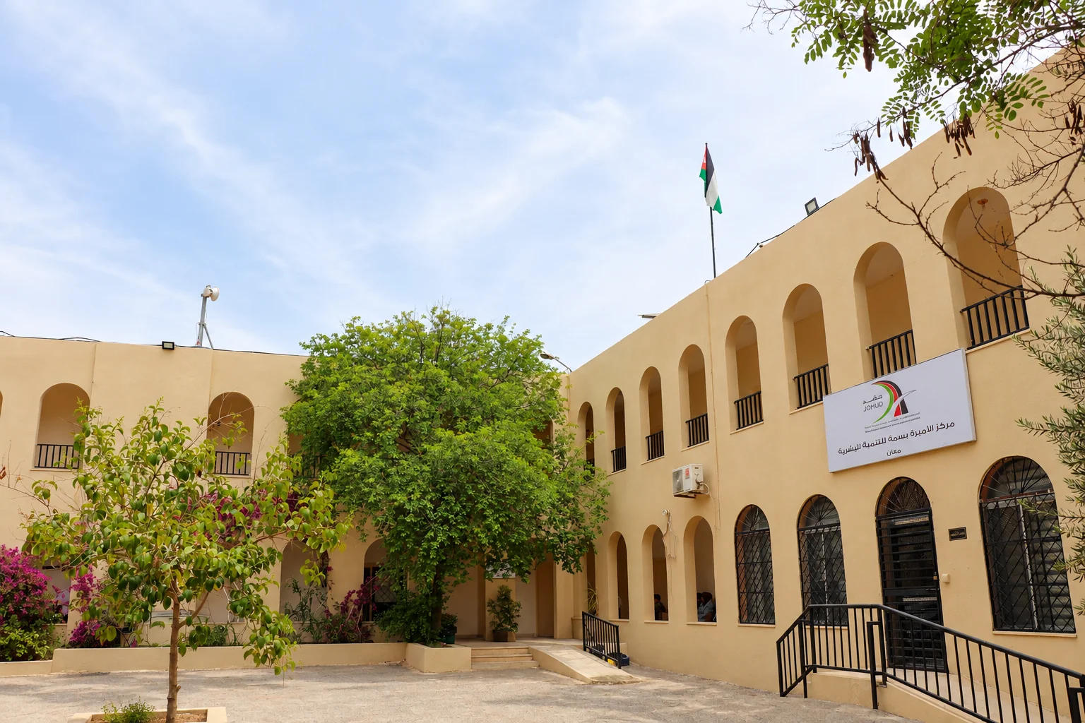 واجهة مركز الأميرة بسمة للتنمية في معان؛ الأقواس والساحة ولافتة جهد